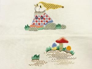 アンティーク　きのこ模様刺繍タペストリー